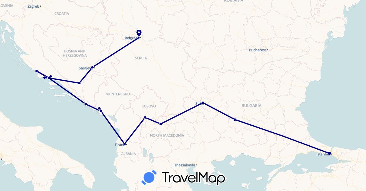 TravelMap itinerary: driving in Albania, Bosnia and Herzegovina, Bulgaria, Croatia, Montenegro, Macedonia, Serbia, Turkey, Kosovo (Asia, Europe)