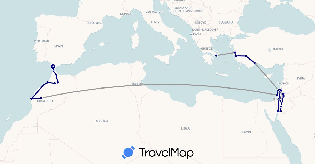 TravelMap itinerary: driving, plane in Greece, Israel, Jordan, Morocco, Palestinian Territories, Turkey (Africa, Asia, Europe)