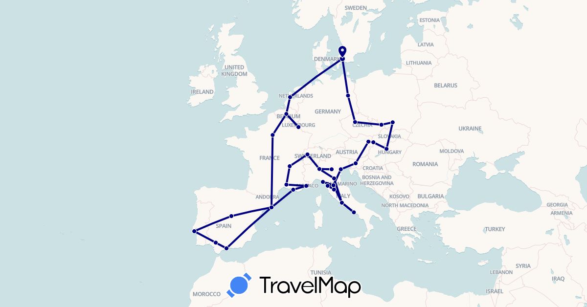 TravelMap itinerary: driving in Austria, Belgium, Switzerland, Czech Republic, Germany, Denmark, Spain, France, Hungary, Italy, Luxembourg, Monaco, Netherlands, Poland, Portugal, Slovenia, Slovakia (Europe)