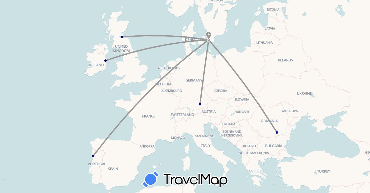 TravelMap itinerary: driving, plane in Germany, United Kingdom, Ireland, Portugal, Romania, Sweden (Europe)